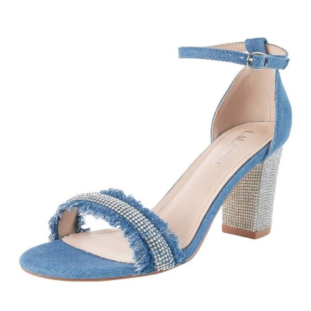 Denim Crystal Block Heel Sandals with Ankle Strap. - Picture 5 of 6